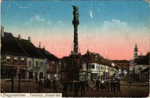 1915 Nagyszombat, Tyrnau, Trnava; Ferenc József tér, Szentháromság szobor, gyógyszertár / square, Trinity statue, pharmacy (EB)