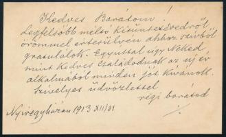 1913 Májerszky Béla (1845-1919), 1902-1915 között Nyíregyháza polgármestere autográf gratuláló sorai...