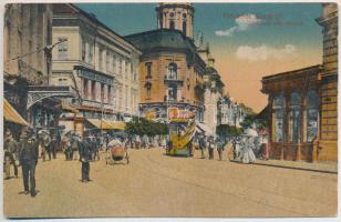1924 Arad, Andrássy tér, Neumann M. ruhatelepe, Központi divatáruház üzlete, Fehér Kereszt szálloda, emeletes busz / square, shops, hotel, double-decker autobus (EK)