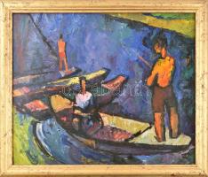 Börzsönyi Kollarits Ferenc (1901-1963): Horgászok. Olaj, vászon, üvegezett fakeretben, jelzés nélkül, 47x57 cm