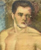 Jelzés nélkül: Férfi akt. Olaj, vászon, vakráma nélkül, sérülésekkel. Hátoldalán Fehérvári? Feliratt...