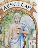 Erdődy Mária: Patika díszedény. Kézzel festett kerámia, jelzés nélkül, Aesculap felirattal, kopásnyo...