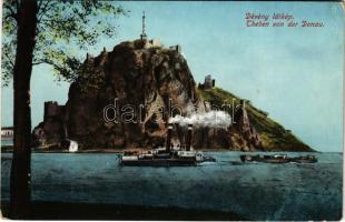1913 Dévény, Theben a. d. Donau, Devín (Pozsony, Bratislava); Árpád emlék és vár, gőzhajó / steamship, castle ruins, monument (EK)