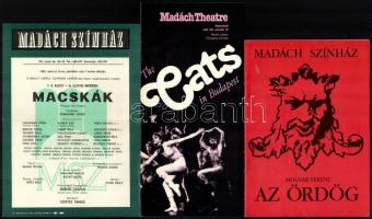 1983 A Macskák c. musical magyarországi ősbemutatója a Madách Színházban, 1983. márc. 25., kétoldalas reklámlap, kisplakát, középen hajtott, 21x14,5 cm. Hozzá az előadás angol és német nyelvű, képes ismertető prospektusa + 1987 Molnár Ferenc: Az ördög, a Madách Színház előadásának ismertető füzete, 2 db belépőjeggyel