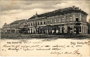 1905 Nagykároly, Carei; Deák Ferenc tér, Kovács György, Rubletzky Ignác, Klein József, Pucser Károly, Janitzky Albert üzlete. Csókás László kiadása / square, shops (fa)