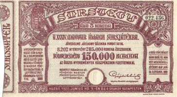 1920. "34. Magyar Állami Sorsjáték" sorsjegy 5K T:I