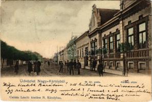 1902 Nagykároly, Carei; Kölcsey utca, M. kir. posta. Csókás László kiadása / street view, post office (EM)