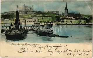 1899 (Vorläufer) Pozsony, Pressburg, Bratislava; vár, gőzhajó és uszály a Dunán / castle, steamship and barge on the Danube (EK)