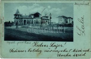 1898 (Vorläufer) Nagyvárad, Oradea; Sportpavilon, kerékpárosok. Sonnenfeld Adolf kiadása / sport pavilion, cyclists (fa)