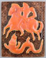 Lőrincz Győző: Sárkányölő Szent György. Fali kerámia, jelzett, hibátlan, 30,5x24 cm