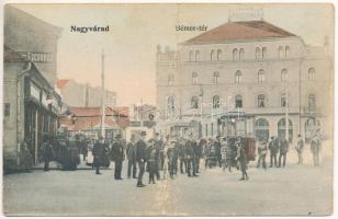 1906 Nagyvárad, Oradea; Bémer tér, Pannonia szálloda, villamos, üzletek. Helyfi László kiadása / square, hotel, tram, shops (fa)