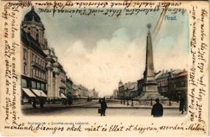 1904 Arad, Andrássy tér, Szentháromság szobor, üzletek / square, Holy Trinity statue, shops (EM)