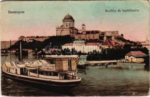 1915 Esztergom, Bazilika és hajóállomás, gőzhajó. Vasúti levelezőlapárusítás 3109. (EK)