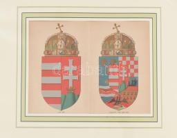cca 1895-1900 A kis címer és az egyesített, vagyis közép címer, színes nyomat a Pallas Nagy Lexikonából, paszpartuban. 21,5x29 cm