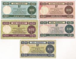 Lengyelország 1979. 1c - 20c (5xklf) értékű utalvány, hátoldalukon bélyegzéssel T:III- Poland 1979. 1 Cent - 20 Cents (5xdiff) coupon, stamped on the back C:VG