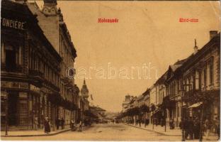 Kolozsvár, Cluj; Unió utca, Fonciere biztosító, Dukesz üzlete / street view, insurance company, shops (r)