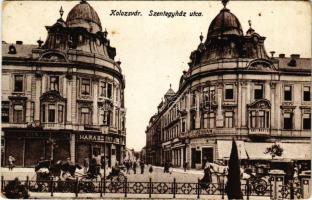 Kolozsvár, Cluj; Szentegyház utca, Haraszthy Jenő üzlete. Rigó Árpád utóda kiadása / street view, shops (kopott sarkak / worn corners)