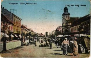 1925 Kolozsvár, Cluj; Str. Reg. Maria / Deák Ferenc utca, piac, üzletek / street view, market, shops (EB)