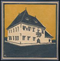 Kós Károly (1883-1977): Kúria. Linómetszet, papír, jelzett a dúcon, kartonra kasírozva, körbevágott, 11x11 cm