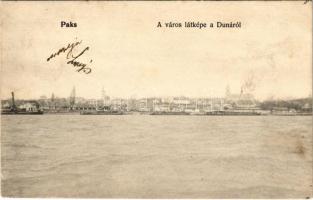 1906 Paks, a város látképe a Dunáról, uszályok. Rosenbaum Ignác kiadása (Rb)