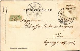 1906 Paks, a város látképe a Dunáról, uszályok. Rosenbaum Ignác kiadása (Rb)