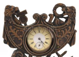 Bronz zsebóra tartó állvány antik hatású díszítéssel. Egy régi zsebórával (nem működik) 19x14 cm