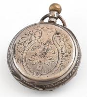 Bronz zsebóra tartó állvány antik hatású díszítéssel. Egy régi zsebórával (nem működik) 19x14 cm