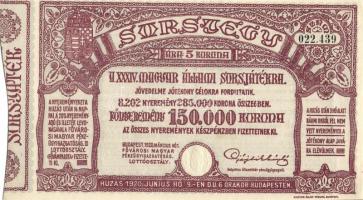 1920. "34. Magyar Állami Sorsjáték" sorsjegy 5K T:I