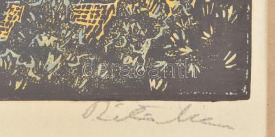 Réti Mátyás (1922-2002): Pesti házak (budapesti panoráma). Linómetszet, papír, jelzett. Dekoratív, ü...