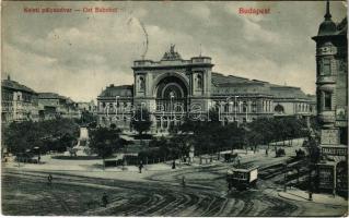 1912 Budapest VII. Keleti pályaudvar, villamos, Baross szobor, Takács Ferenc üzlete