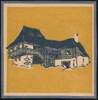 Kós Károly (1883-1977): Hegyvidéki ház. Linómetszet, papír, jelzett a dúcon, kartonra kasírozva, körbevágott, 11x11 cm