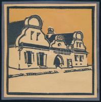 Kós Károly (1883-1977): Barokk ház. Linómetszet, papír, jelzett a dúcon, kartonra kasírozva, körbevágott, 10,5x10,5 cm