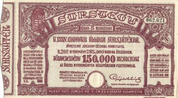 1920. "34. Magyar Állami Sorsjáték" sorsjegy 5K T:I-