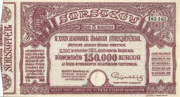 1920. "34. Magyar Állami Sorsjáték" sorsjegy 5K T:I-