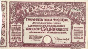 1920. "34. Magyar Állami Sorsjáték" sorsjegy 5K T:I-