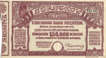 1920. "34. Magyar Állami Sorsjáték" sorsjegy 5K T:I-
