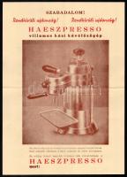 cca 1930-1940 Hajós és Szántó Rt. elektromosgyár Bp., Haeszpresszó villamos kávéfőzőgép, illusztrált, kétoldalas reklámlap, hajtott, jó állapotban, 30x21 cm