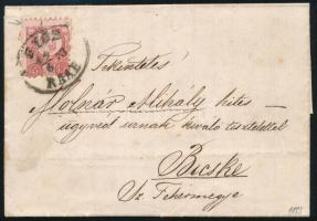 1873 5kr with shifted perforation (pinkish paper) on cover "GYŐR RAAB" - "BICSKE FEHÉR M.", 1873 Képbe fogazott Réznyomat 5kr (rózsaszínes papír) levélen "GYŐR RAAB" - "BICSKE FEHÉR M."