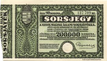 1922. "37. Magyar Állami Sorsjáték" sorsjegy 10K T:II+ Csak egyszer hajtva!
