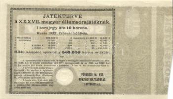 1922. "37. Magyar Állami Sorsjáték" sorsjegy 10K T:II+ Csak egyszer hajtva!