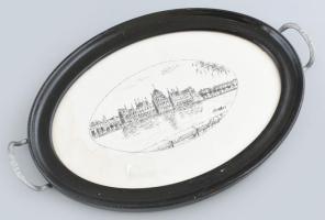 Vászonképes tálca, ázásnyomokkal, a Parlament látképével, kopott, 24x38 cm