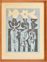 Würtz Ádám (1927-1994): Alakok. Színes linómetszet, papír, jelzett, üvegezett fakeretben, 41×32 cm