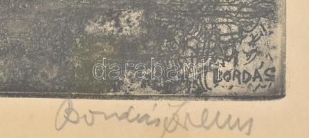 Bordás Ferenc (1911-1982): Faluvége. Rézkarc, papír, jelzett, üvegezett fakeretben, 30×39,5 cm