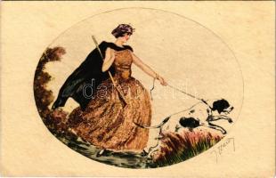 1927 Vadászhölgy és kutyája / Hunter lady and her dog. 1053. s: J. Hardy (EK)