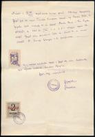 1947 Szegedi levéltáros által kézzel írt illetőségi bizonyítvány 3 Ft os illetékbélyeggel illetve többszörösen felülnyomat szegedi városi illetékbélyeggel