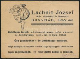 1930 Lachnit József Bonyhádi órás ékszerész számlája hátoldali reklámjában aláírva pecsételve hajtásnyomokkal