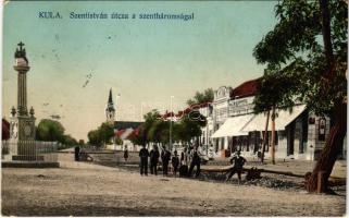 1912 Kula, Szent István utca, Szentháromság szobor, Kirilovits üzlete. Schröder kiadása / street view, Holy Trinity statue, shops (EK)