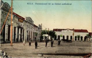 1910 Kula, Ferenc József utca, Elefánt szálloda, Récsei Miksa üzlete. Schröder kiadása / street view, hotel, shops (EK)