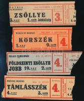 1942 4 db kassai (Felvidék) mozijegy a Pátria, Phönix, Palace, Rákóczi mozikba hátoldalt a megtekintett filmek címeivel