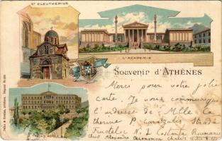 1900 Athens, Athína, Athenes; St. Eleutherius, Palais Royal, LAcademie / royal palace, academy, church. Pallis & Cotzias Art Nouveau, floral, litho (EK)
